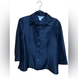 SLD 100% Silk Women's Black Button Front 3/4 Sleeve Blouse Shirt, Size Large.